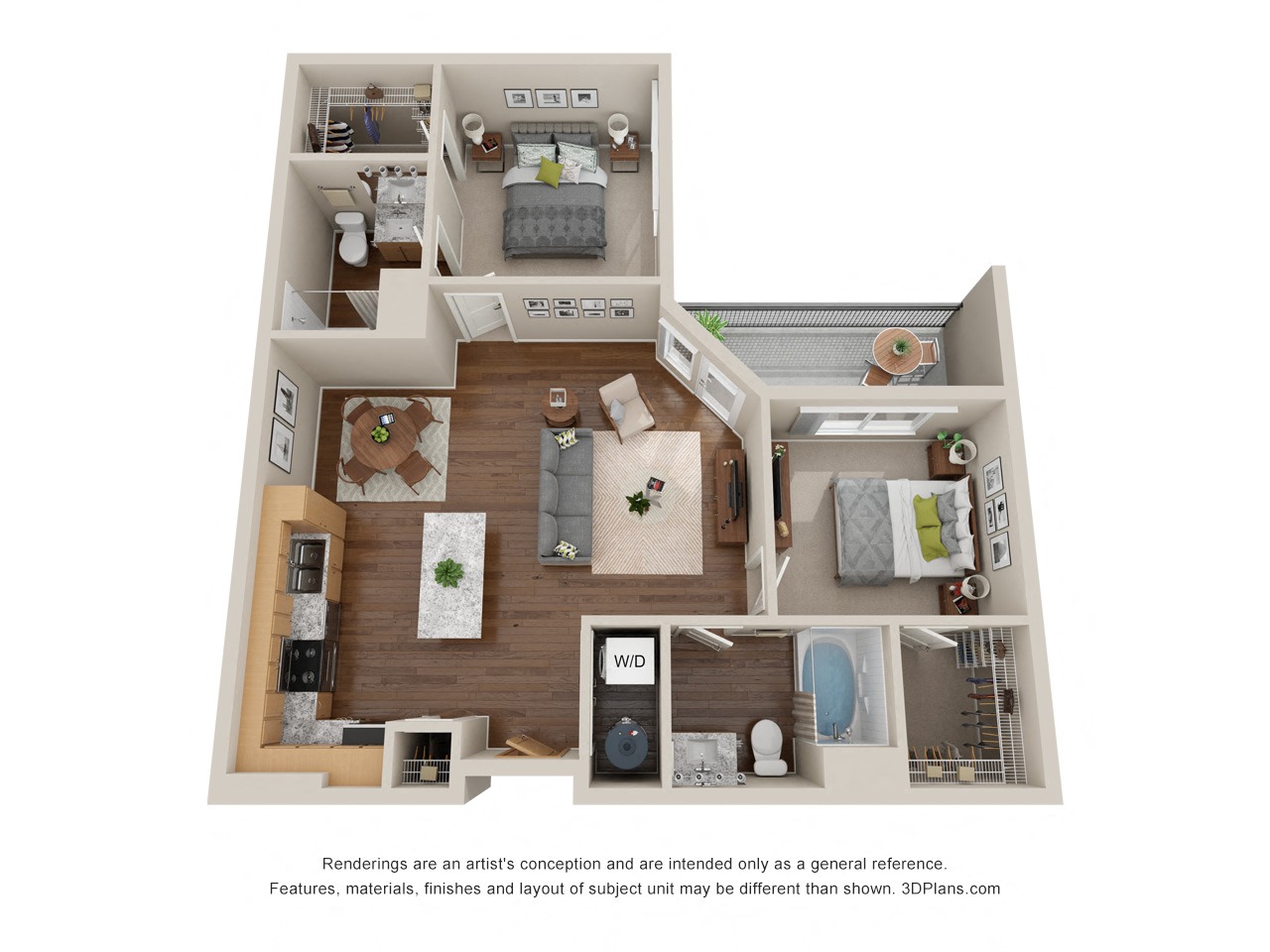 Floor plan for 2 beds, 2 baths, 917 sqft